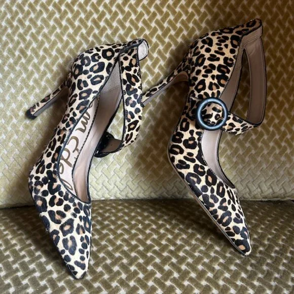 Sam Edelman Nude Leopard Print Cow Fur Hinda Jewel Buckle Strap Pumps NEW - Picture 12 of 16
